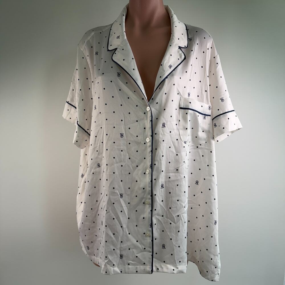 Victoria's Secret Satin Short Sleeve V-Neck PJ Top White w/ Polka Dot XXL NWT